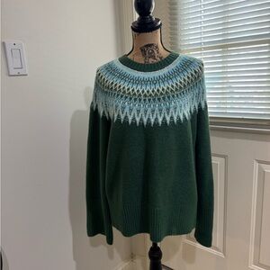 Talbots Forest Green Crewneck Sweater with Blue and White Fair Isle Yoke size M